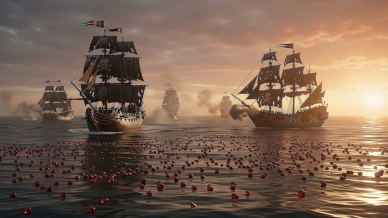 Three ships on a sea scattered with cranberries, from the 40-second Omni render