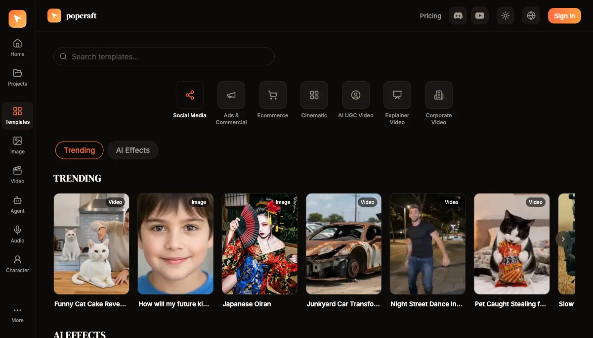 Browse Popcraft's template gallery with categories for Social Media, Ads, E-commerce, and more
