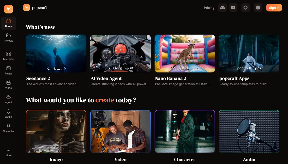 Popcraft's home screen — featuring Seedance 2, AI Video Agent, Nano Banana 2, and more
