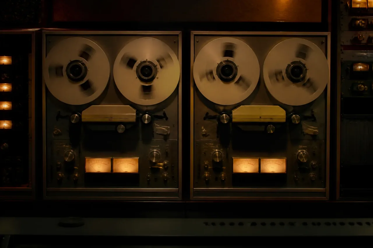 Two identical reel-to-reel tape machines side by side in a studio rack