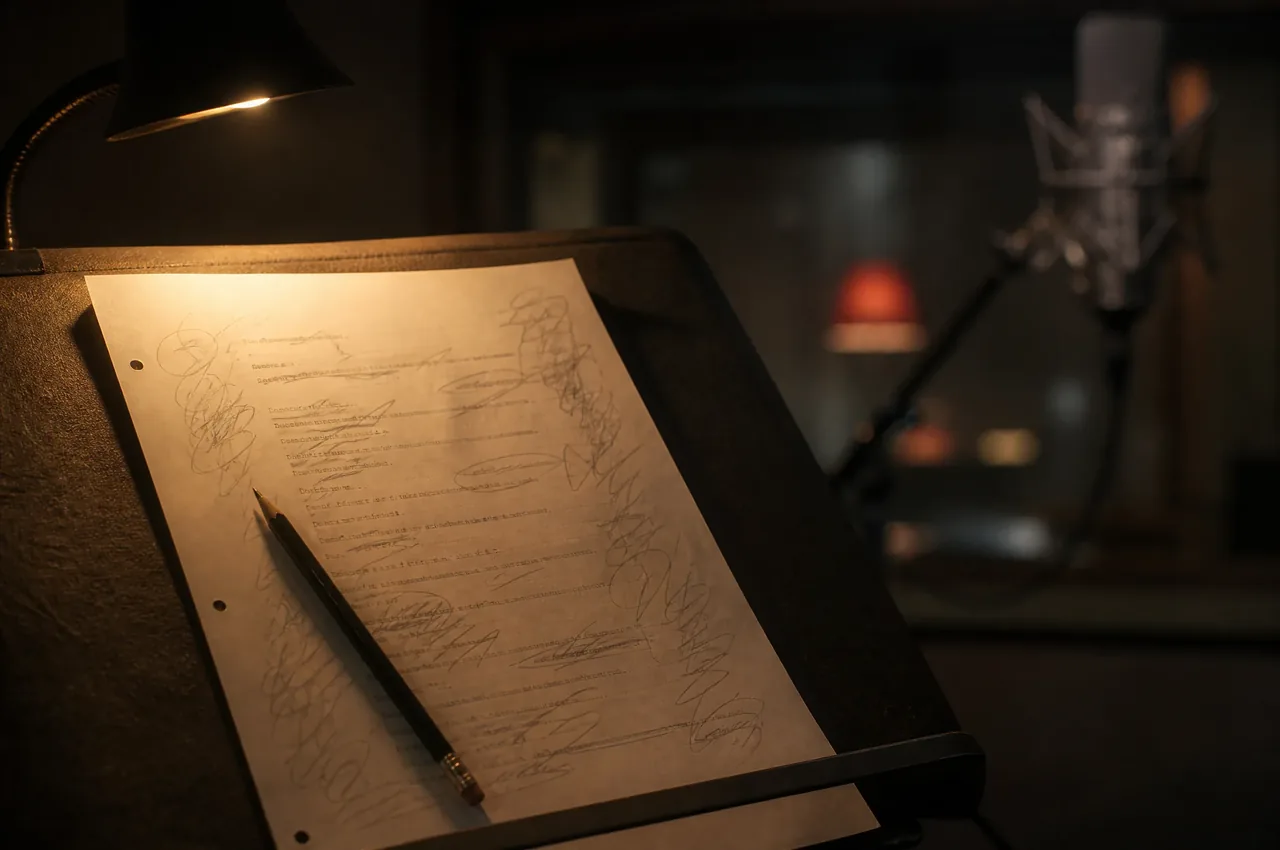 A script page marked up with pencil notation on a music stand