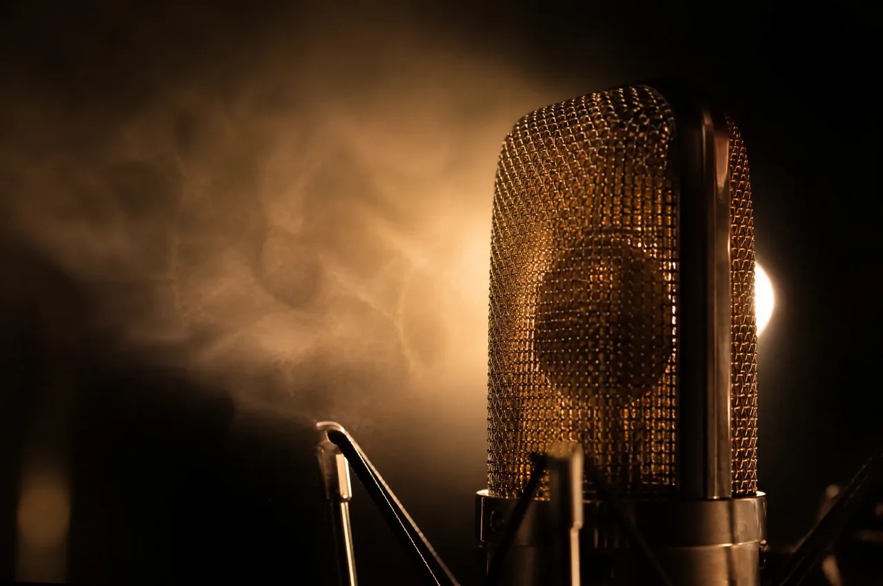 A close-up of a condenser microphone in a haze of backlight